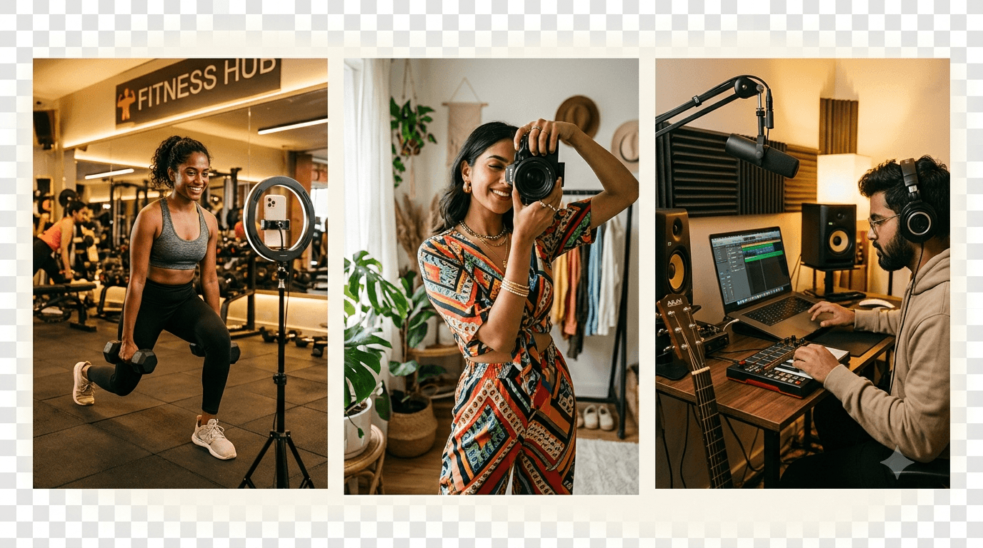 Indian creators — fitness trainer, fashion photographer, and music producer at work
